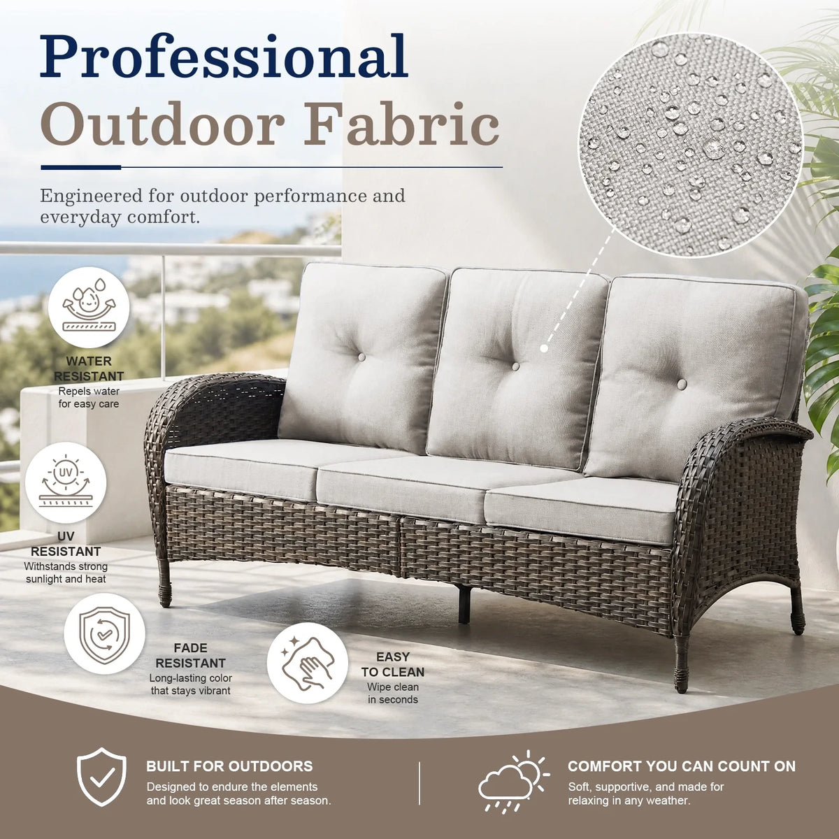 7 Piece Outdoor Patio Furniture Set, Patio Furniture Set with Fire Pit Table Rattan Wicker Patio Furniture Set, Brown Wicker & Beige Cushion — product view 15