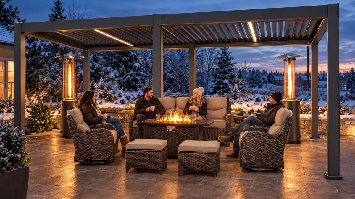 Suburban backyard patio at dusk featuring a large gray aluminum louvered pergola overhead