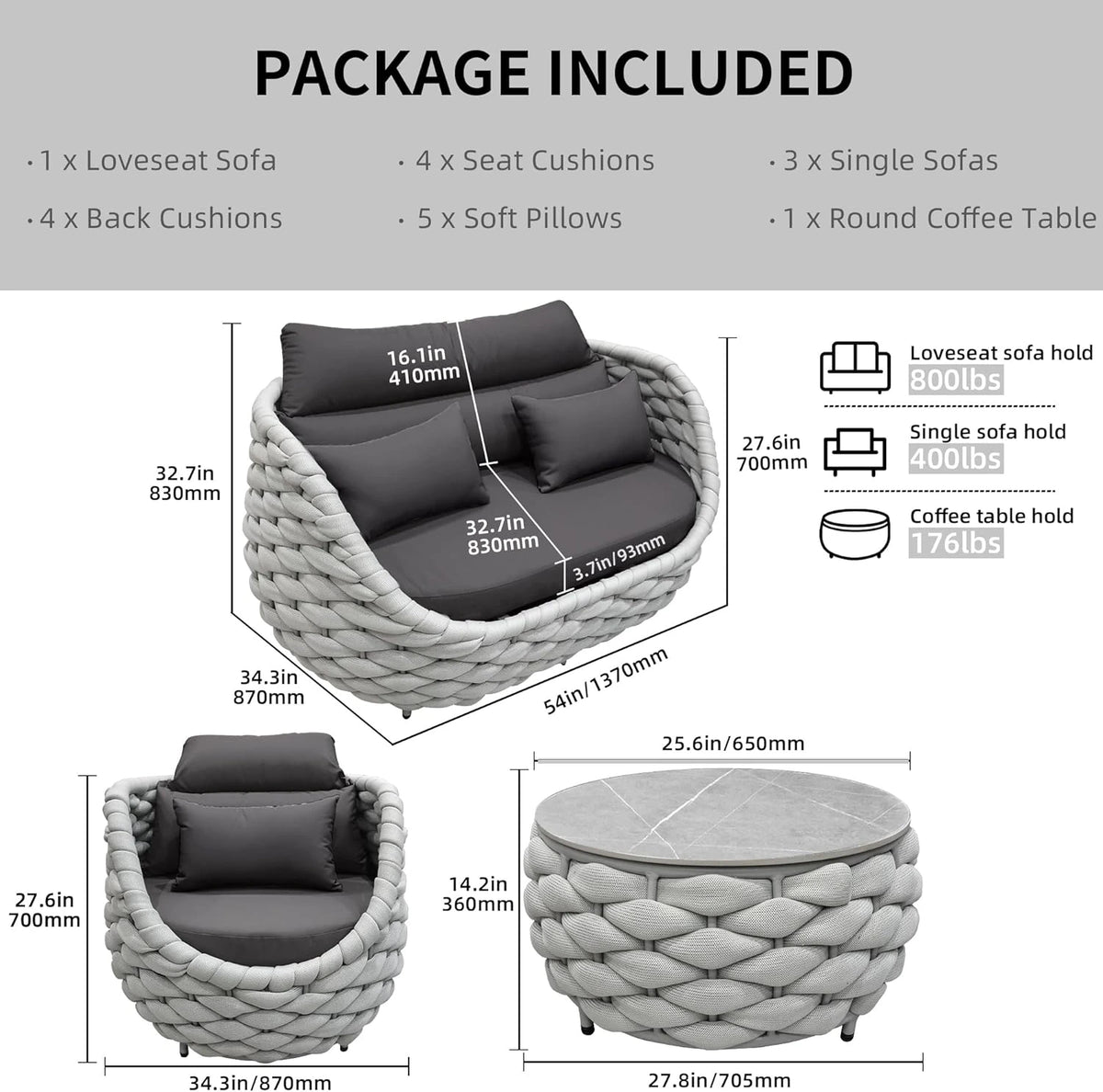 6-Piece Aluminum Patio Furniture Set,Polyester Light Grey W/Table — product view 2