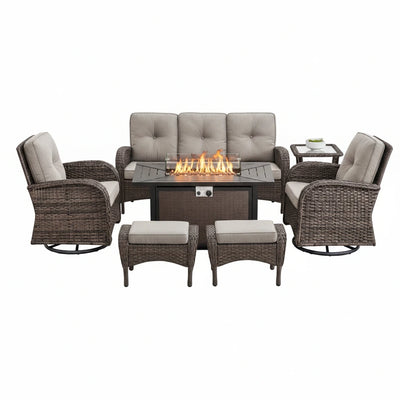 7-Piece Wicker Patio Set with Fire Pit Table – Brown & Beige