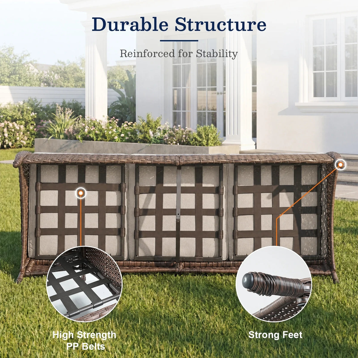 7 Piece Outdoor Patio Furniture Set, Patio Furniture Set with Fire Pit Table Rattan Wicker Patio Furniture Set, Brown Wicker & Beige Cushion — product view 11