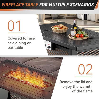 7 Piece Outdoor Patio Furniture Set, Patio Furniture Set with Fire Pit Table Rattan Wicker Patio Furniture Set, Brown Wicker & Beige Cushion — product view 2