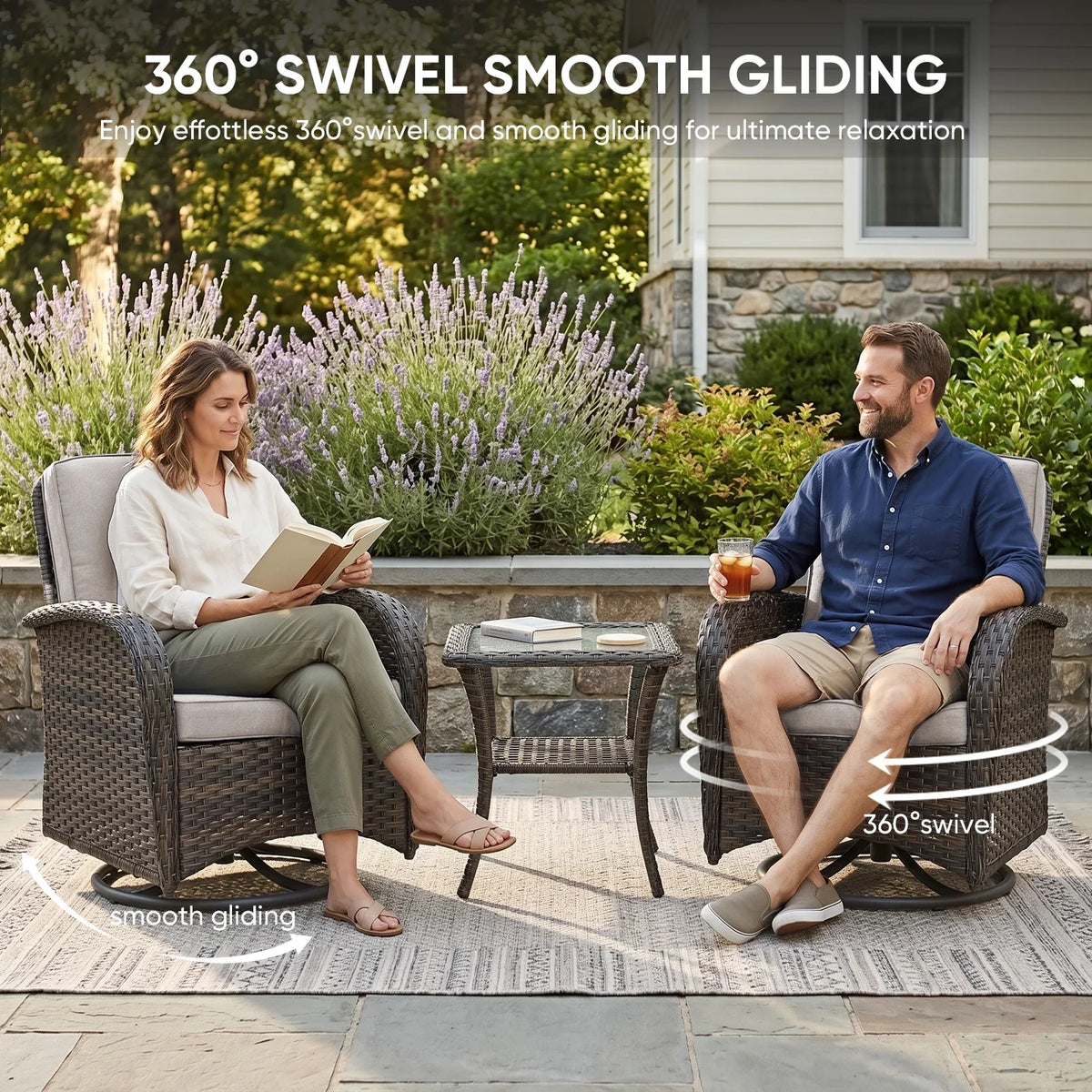 7 Piece Outdoor Patio Furniture Set, Patio Furniture Set with Fire Pit Table Rattan Wicker Patio Furniture Set, Brown Wicker & Beige Cushion — product view 4