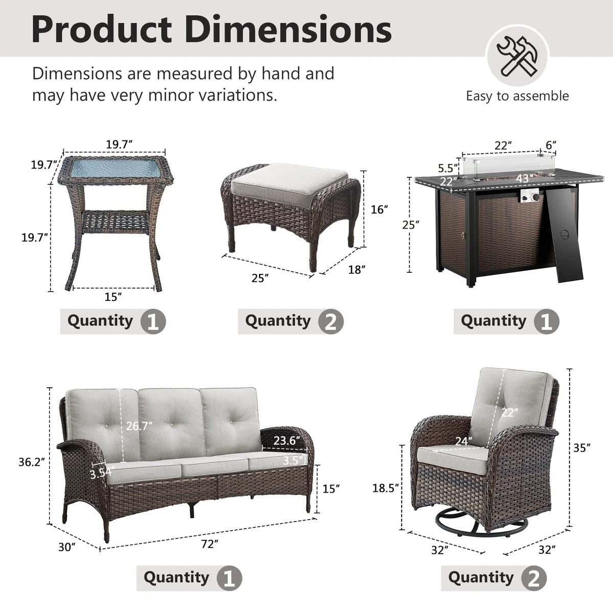 7 Piece Outdoor Patio Furniture Set, Patio Furniture Set with Fire Pit Table Rattan Wicker Patio Furniture Set, Brown Wicker & Beige Cushion — product view 5