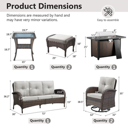 7 Piece Outdoor Patio Furniture Set, Patio Furniture Set with Fire Pit Table Rattan Wicker Patio Furniture Set, Brown Wicker & Beige Cushion — product view 5