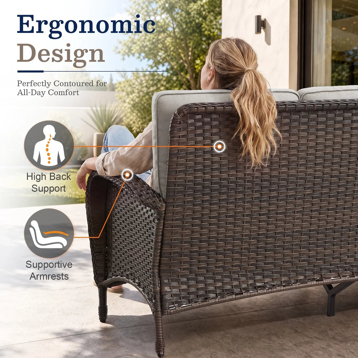 7 Piece Outdoor Patio Furniture Set, Patio Furniture Set with Fire Pit Table Rattan Wicker Patio Furniture Set, Brown Wicker & Beige Cushion — product view 7