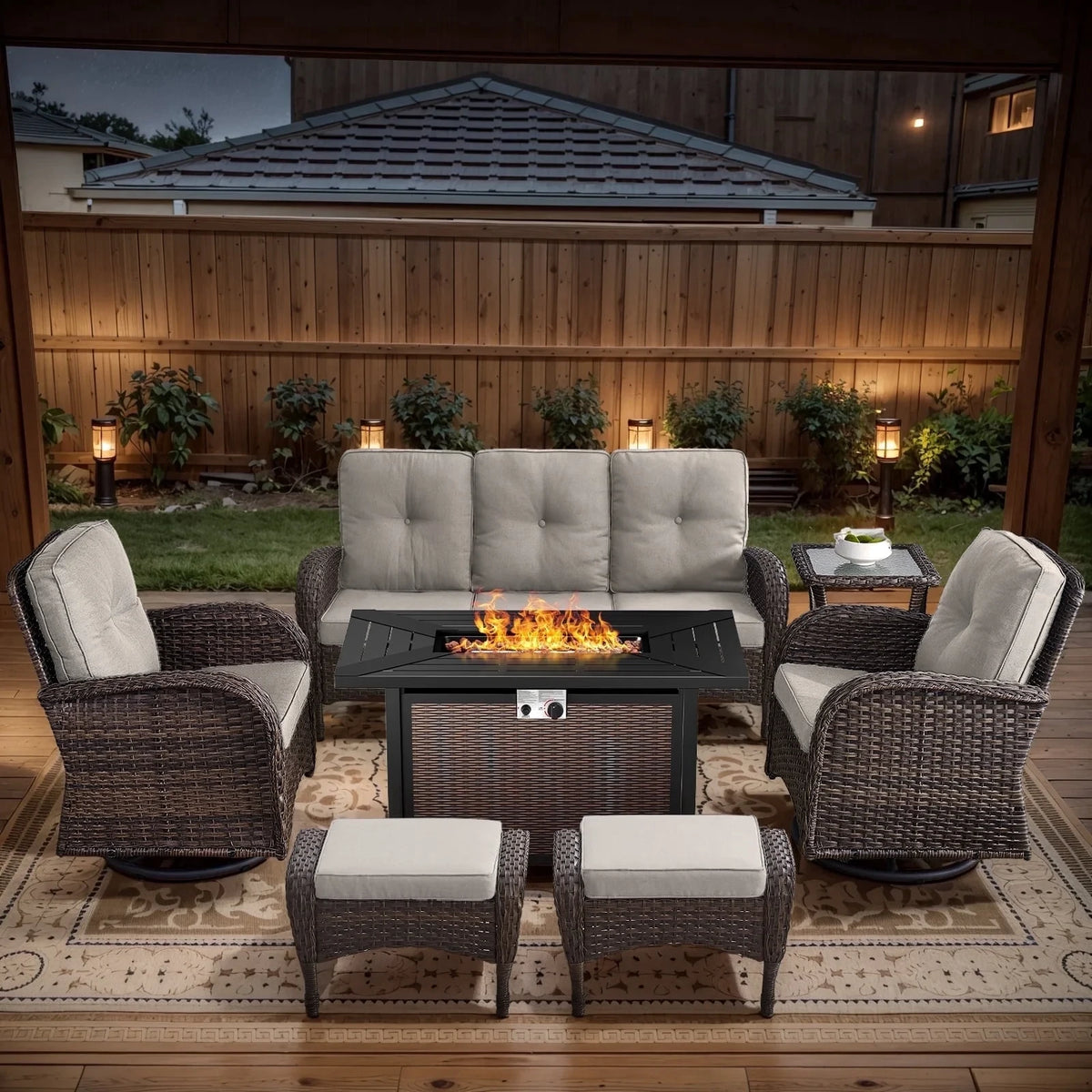 7 Piece Outdoor Patio Furniture Set, Patio Furniture Set with Fire Pit Table Rattan Wicker Patio Furniture Set, Brown Wicker & Beige Cushion — product view 9