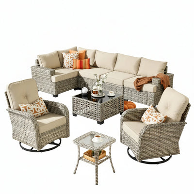9-Piece Wicker Patio Conversation Set with Swivel Chairs – Beige