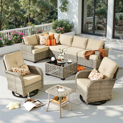 9 Pieces Patio Furniture Set outside Furniture Wicker Patio Conversation Set with Swivel Chairs, Outdoor Furniture for Garden, Beige — product view 11