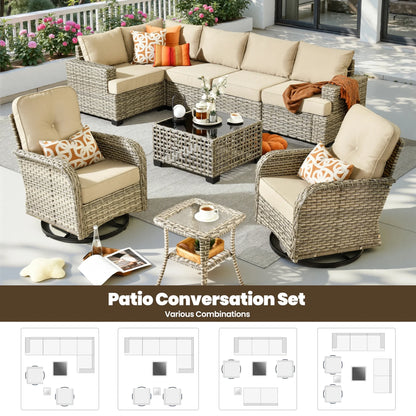 9 Pieces Patio Furniture Set outside Furniture Wicker Patio Conversation Set with Swivel Chairs, Outdoor Furniture for Garden, Beige — product view 12