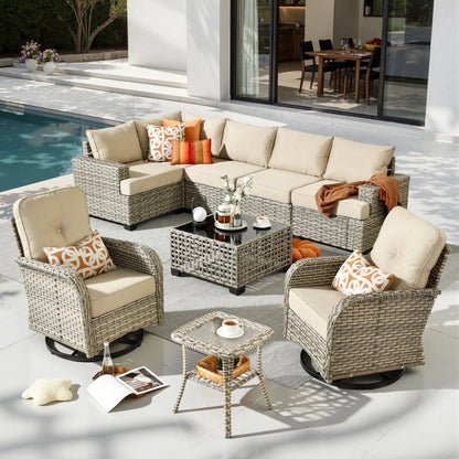 9 Pieces Patio Furniture Set outside Furniture Wicker Patio Conversation Set with Swivel Chairs, Outdoor Furniture for Garden, Beige — product view 14