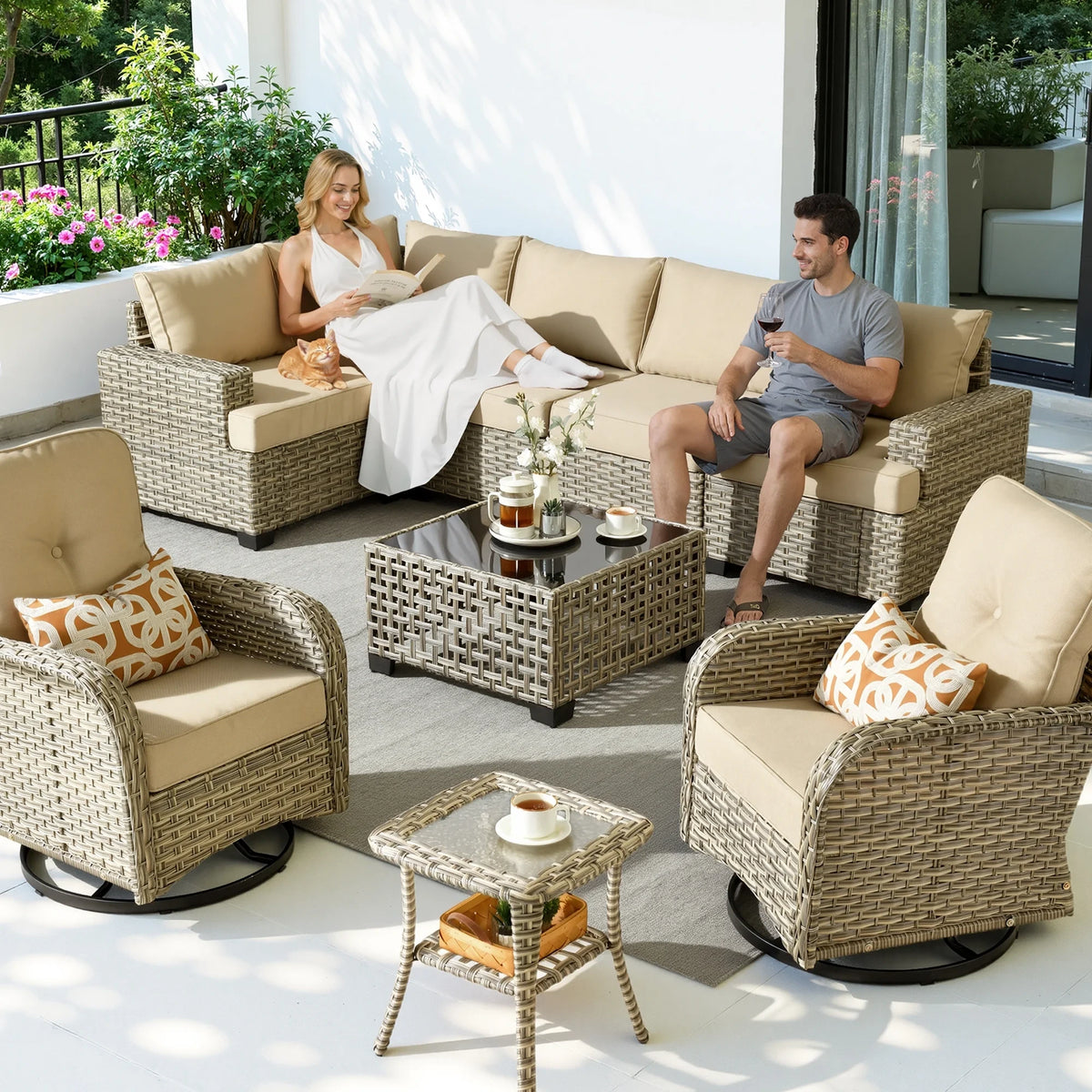 9 Pieces Patio Furniture Set outside Furniture Wicker Patio Conversation Set with Swivel Chairs, Outdoor Furniture for Garden, Beige — product view 4