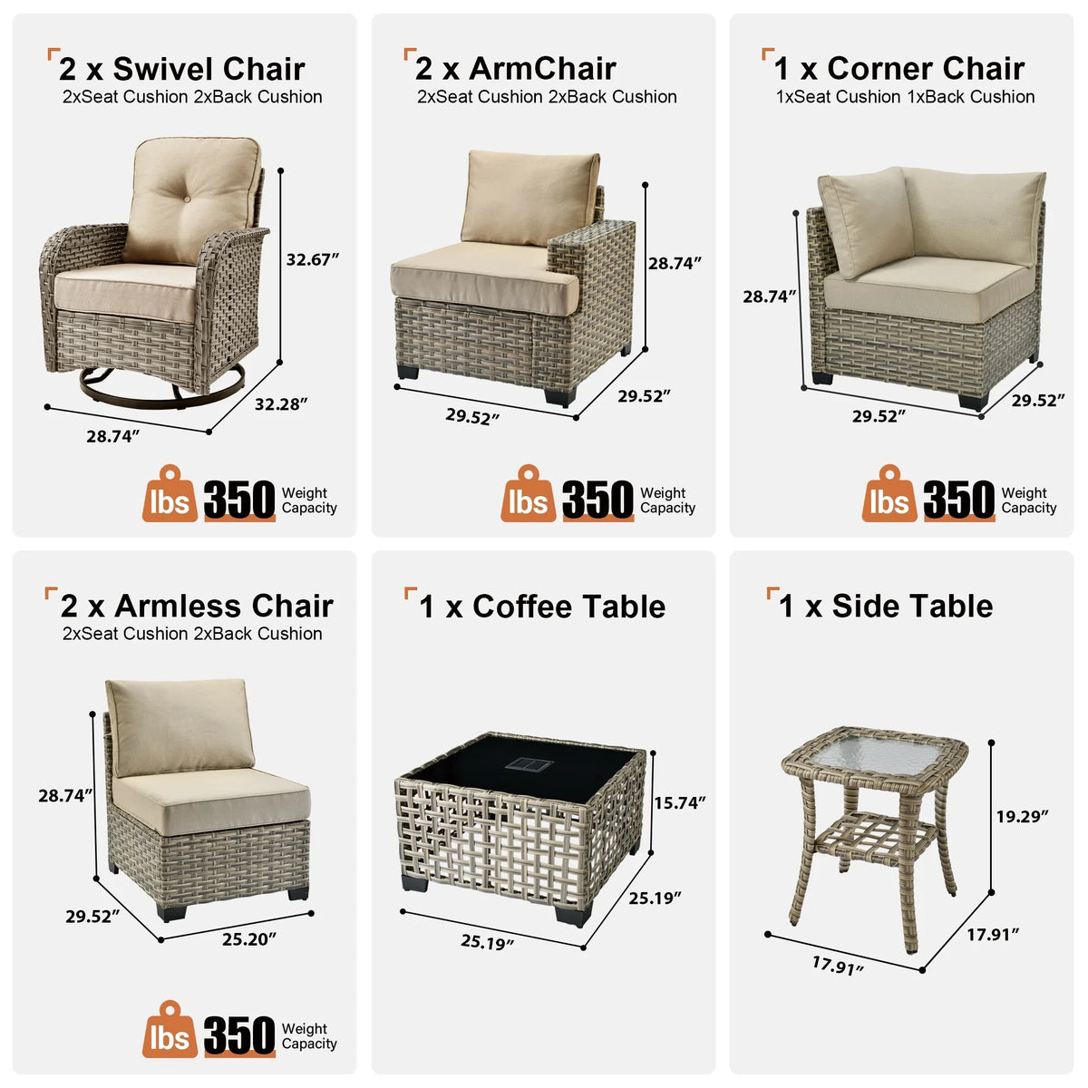 9 Pieces Patio Furniture Set outside Furniture Wicker Patio Conversation Set with Swivel Chairs, Outdoor Furniture for Garden, Beige — product view 5