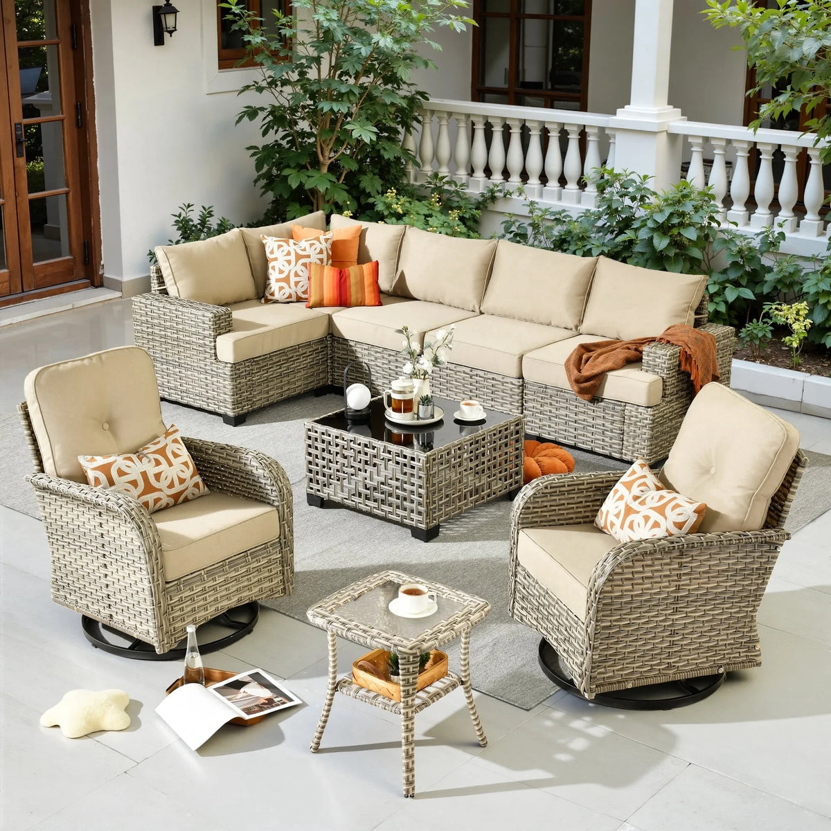 9 Pieces Patio Furniture Set outside Furniture Wicker Patio Conversation Set with Swivel Chairs, Outdoor Furniture for Garden, Beige — product view 7