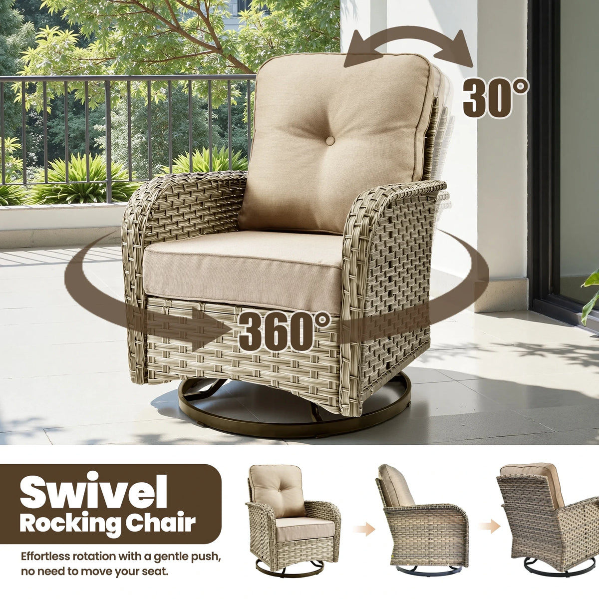 9 Pieces Patio Furniture Set outside Furniture Wicker Patio Conversation Set with Swivel Chairs, Outdoor Furniture for Garden, Beige — product view 8