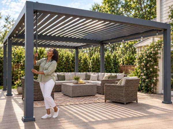 All-Aluminum Louvered Pergola Designed for Year-Round Use, 12x24 Ft, Adjustable 0-90° Roof, Integrated Drainage
