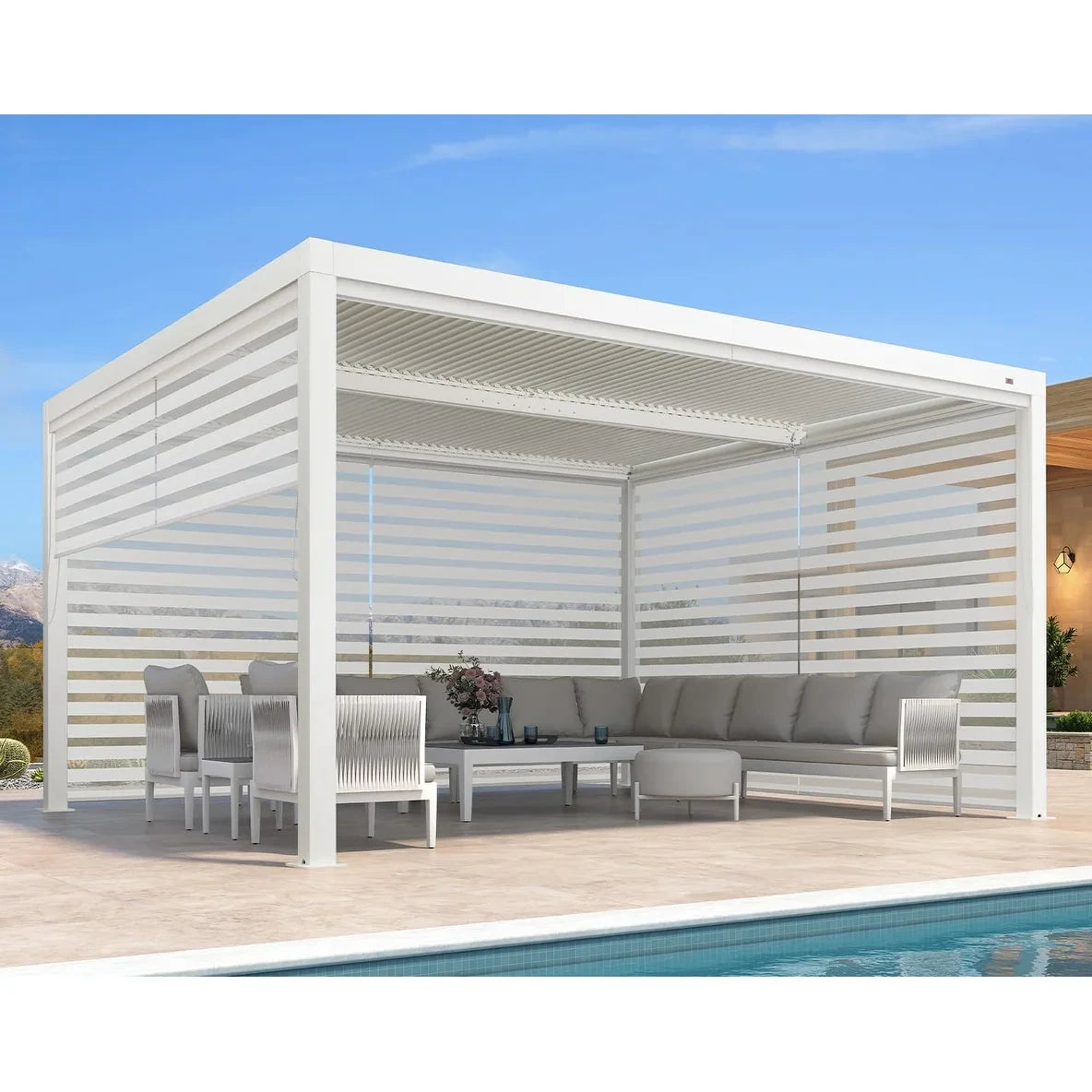 Louvered Pergola Modern White Pergola with Adjustable Roof for Deck Backyard Garden — product view 14