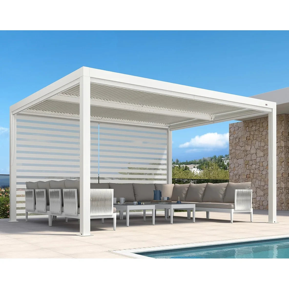 Louvered Pergola Modern White Pergola with Adjustable Roof for Deck Backyard Garden — product view 16