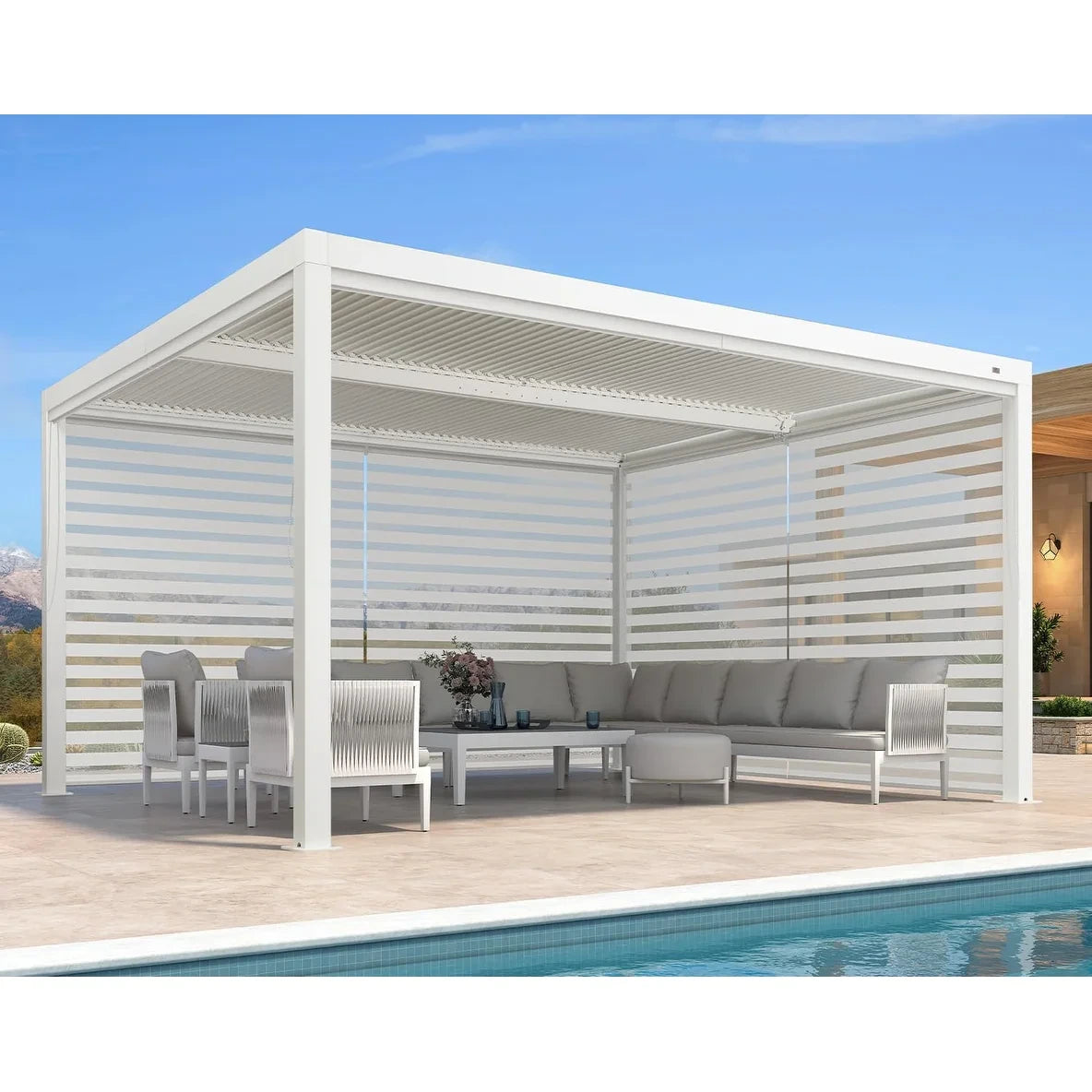 Louvered Pergola Modern White Pergola with Adjustable Roof for Deck Backyard Garden — product view 29