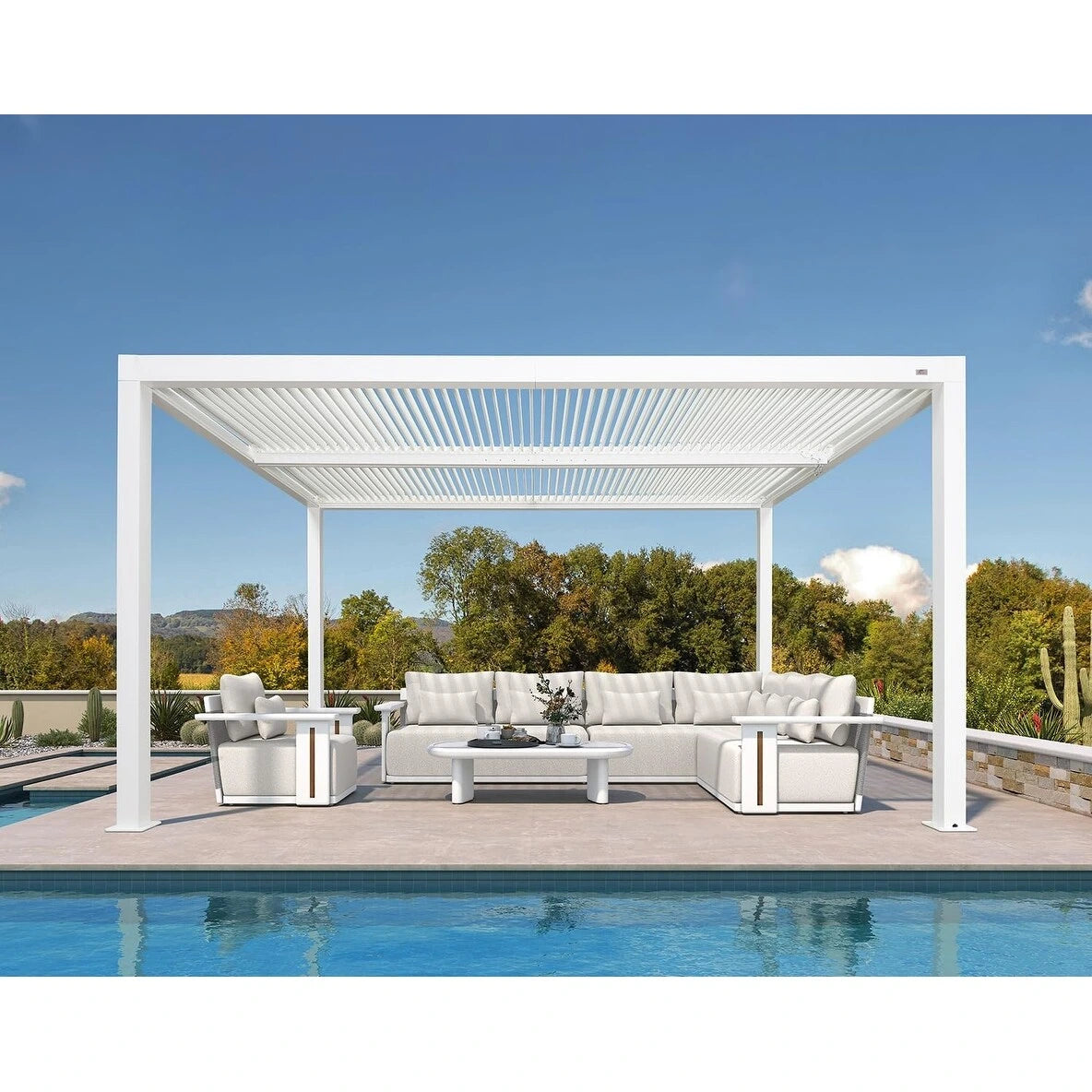Louvered Pergola Modern White Pergola with Adjustable Roof for Deck Backyard Garden — product view 62