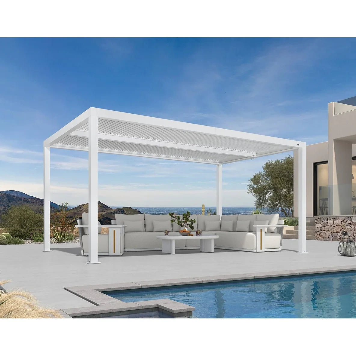 Louvered Pergola Modern White Pergola with Adjustable Roof for Deck Backyard Garden — product view 65