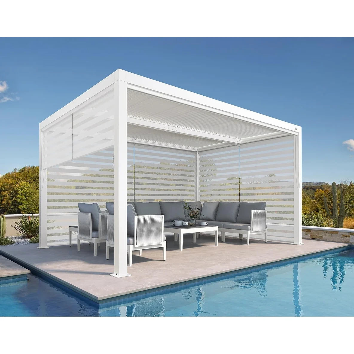 Louvered Pergola Modern White Pergola with Adjustable Roof for Deck Backyard Garden — product view 69