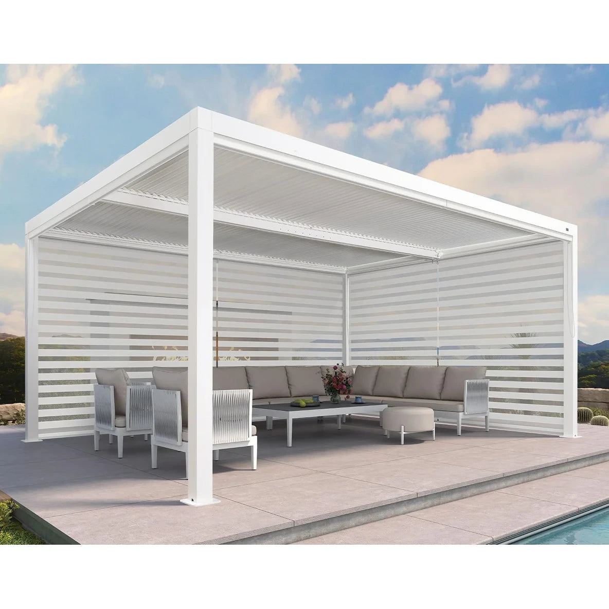 Louvered Pergola Modern White Pergola with Adjustable Roof for Deck Backyard Garden — product view 73