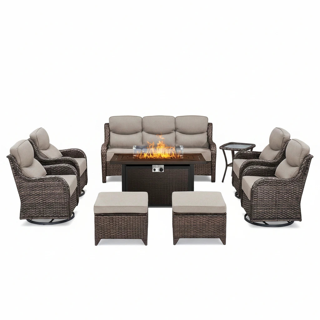 Luxury 9-Piece Outdoor Patio Furniture Set with Fire Pit Table,Swivel Rocker Chairs and 6" Thick Cushions,Wicker Sofa and Ottomans,Patio Conversation Sets for Porch Deck Garden Backyard