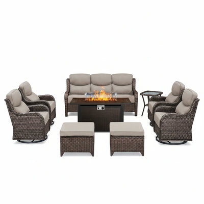 9-Piece Wicker Patio Set with Fire Pit & Swivel Chairs