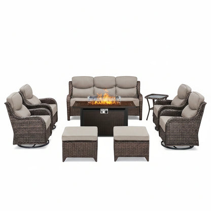 Luxury 9-Piece Outdoor Patio Furniture Set with Fire Pit Table,Swivel Rocker Chairs and 6" Thick Cushions,Wicker Sofa and Ottomans,Patio Conversation Sets for Porch Deck Garden Backyard