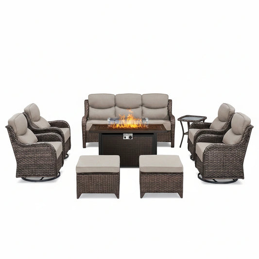 Luxury 9-Piece Outdoor Patio Furniture Set with Fire Pit Table,Swivel Rocker Chairs and 6" Thick Cushions,Wicker Sofa and Ottomans,Patio Conversation Sets for Porch Deck Garden Backyard