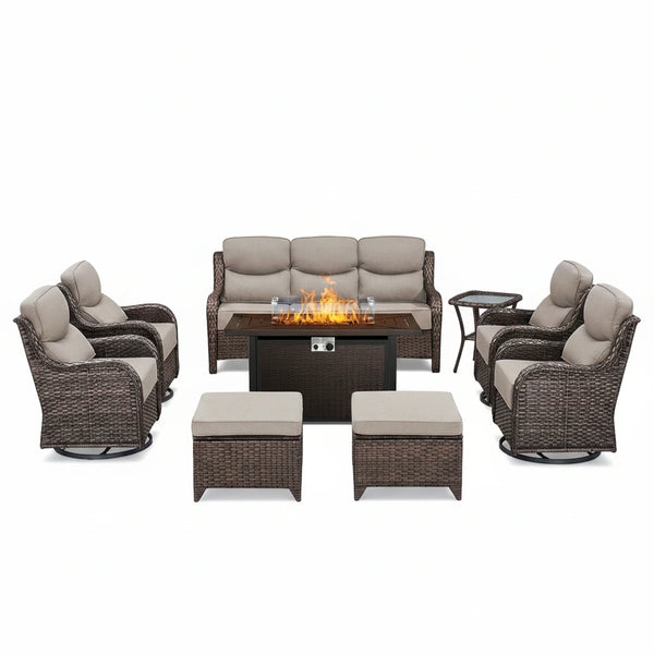 Luxury 9-Piece Outdoor Patio Furniture Set with Fire Pit Table,Swivel Rocker Chairs and 6" Thick Cushions,Wicker Sofa and Ottomans,Patio Conversation Sets for Porch Deck Garden Backyard