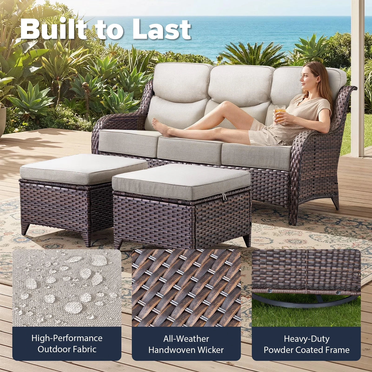 Luxury 9-Piece Outdoor Patio Furniture Set with Fire Pit Table,Swivel Rocker Chairs and 6" Thick Cushions,Wicker Sofa and Ottomans,Patio Conversation Sets for Porch Deck Garden Backyard — product view 11