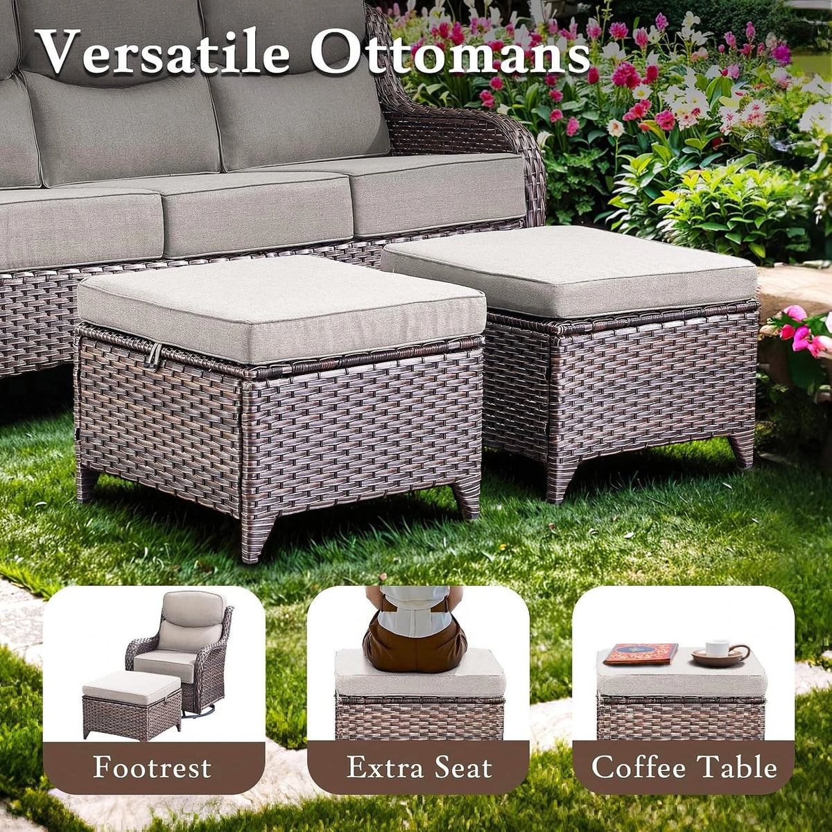 Luxury 9-Piece Outdoor Patio Furniture Set with Fire Pit Table,Swivel Rocker Chairs and 6" Thick Cushions,Wicker Sofa and Ottomans,Patio Conversation Sets for Porch Deck Garden Backyard — product view 12
