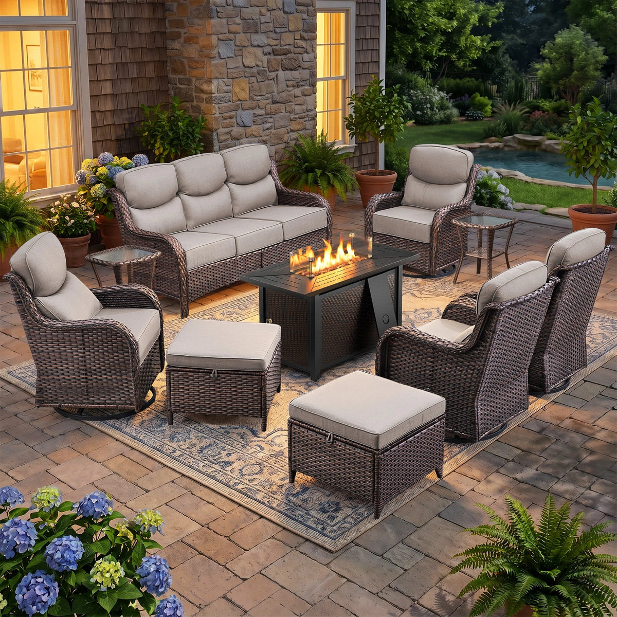 Luxury 9-Piece Outdoor Patio Furniture Set with Fire Pit Table,Swivel Rocker Chairs and 6" Thick Cushions,Wicker Sofa and Ottomans,Patio Conversation Sets for Porch Deck Garden Backyard — product view 2