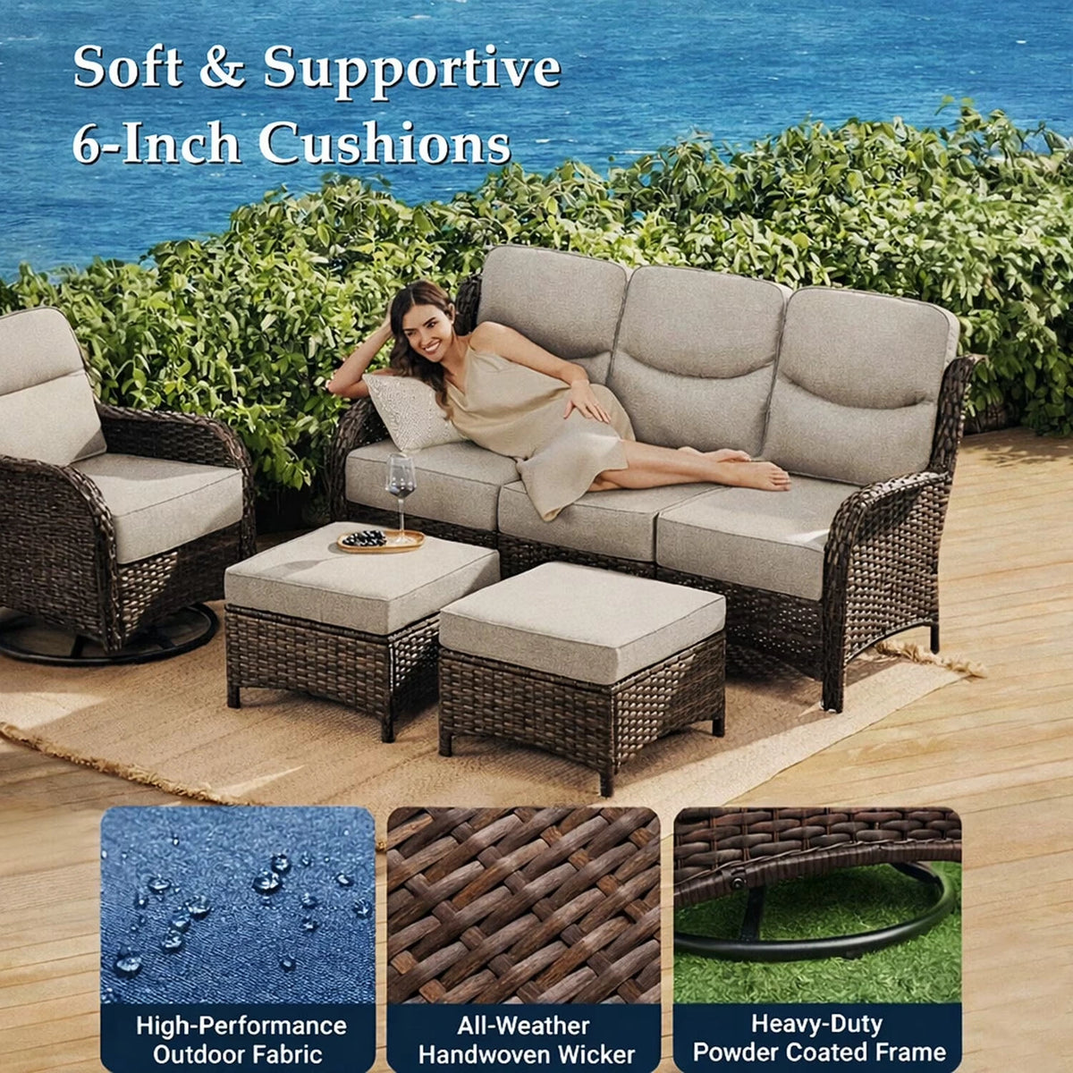 Luxury 9-Piece Outdoor Patio Furniture Set with Fire Pit Table,Swivel Rocker Chairs and 6" Thick Cushions,Wicker Sofa and Ottomans,Patio Conversation Sets for Porch Deck Garden Backyard — product view 3