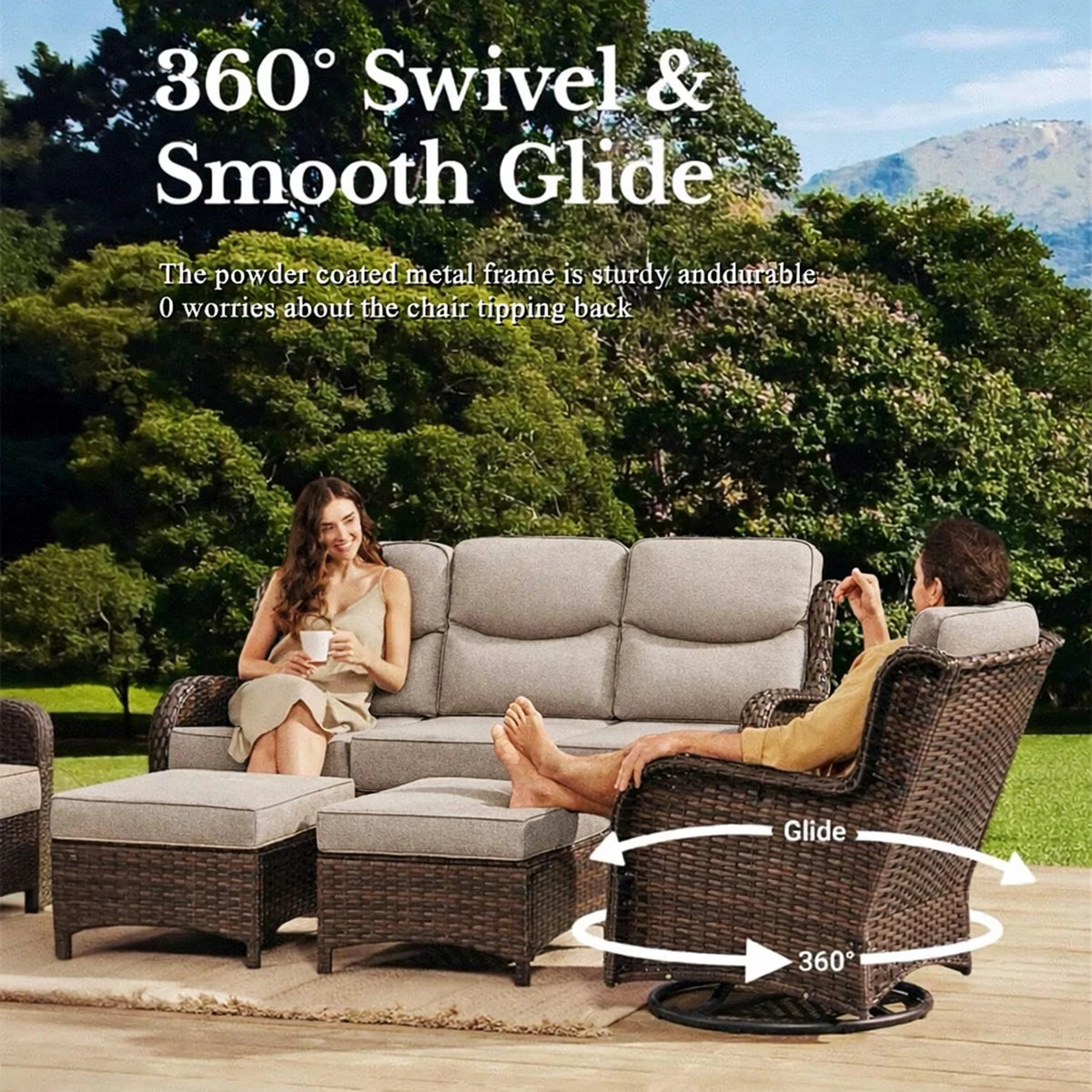 Luxury 9-Piece Outdoor Patio Furniture Set with Fire Pit Table,Swivel Rocker Chairs and 6" Thick Cushions,Wicker Sofa and Ottomans,Patio Conversation Sets for Porch Deck Garden Backyard — product view 4