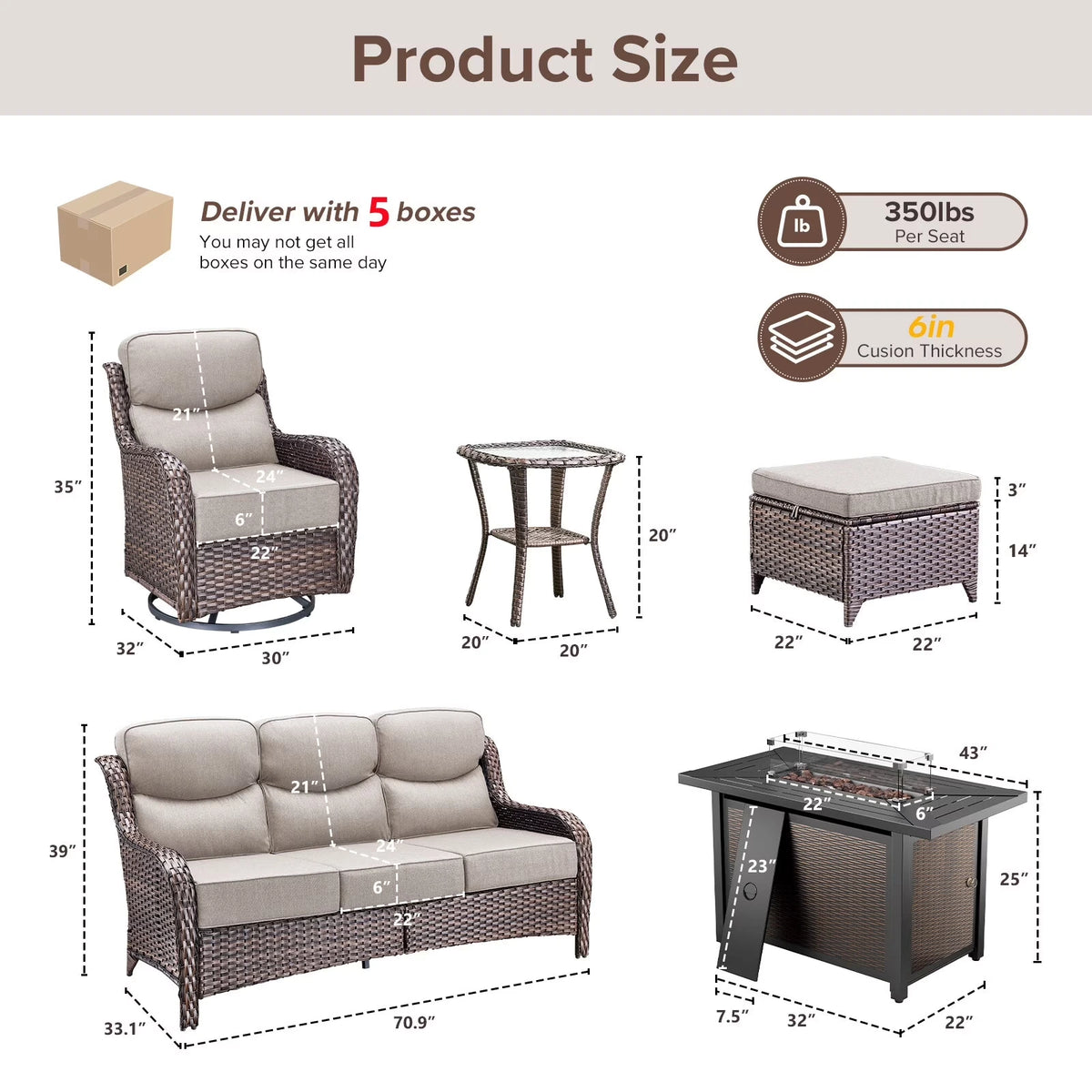 Luxury 9-Piece Outdoor Patio Furniture Set with Fire Pit Table,Swivel Rocker Chairs and 6" Thick Cushions,Wicker Sofa and Ottomans,Patio Conversation Sets for Porch Deck Garden Backyard — product view 5