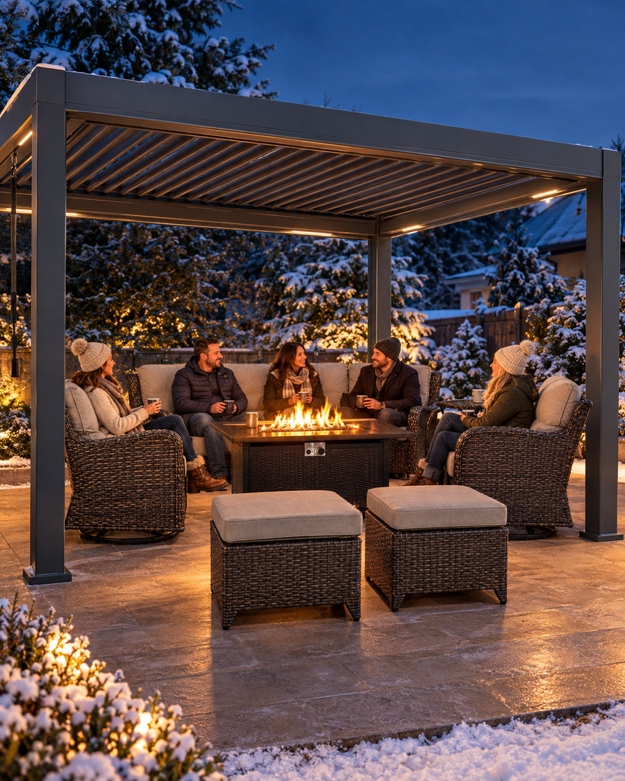 Suburban backyard patio at dusk featuring a large gray aluminum louvered pergola overhead